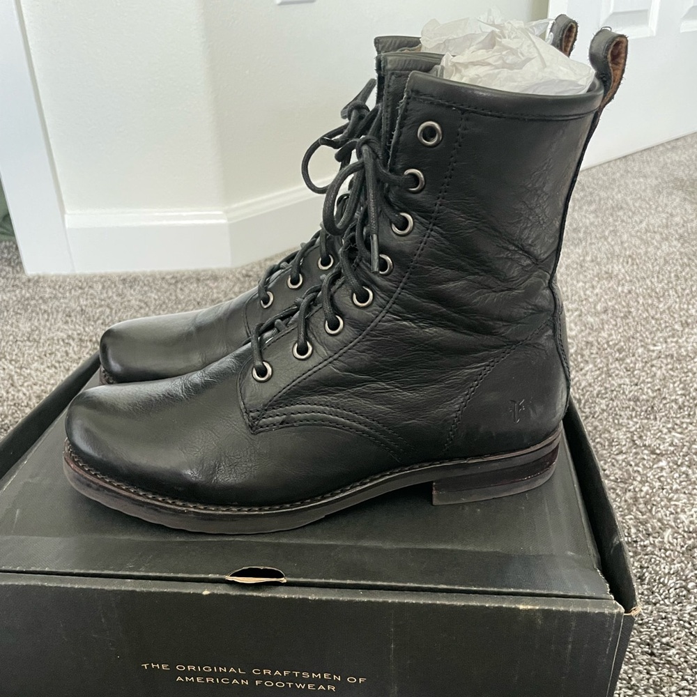 Frye Veronica Black Leather Combat Boots